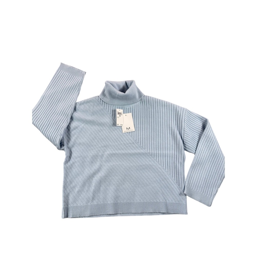 NWT Magaschoni Light Blue Ribbed Turtleneck Sweater M/M Diagonal Stripe Detail